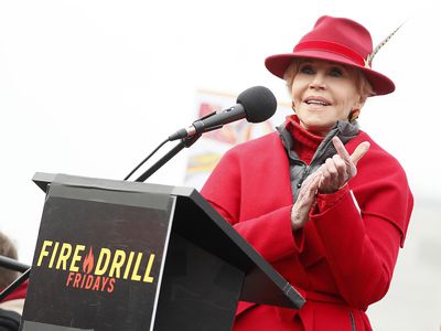 Actor and activist Jane Fond speaks at her last Washington, DC "Fire Drill Fridays" climate change protest and rally on Capitol Hill on January 10, 2020 in Washington, DC. 