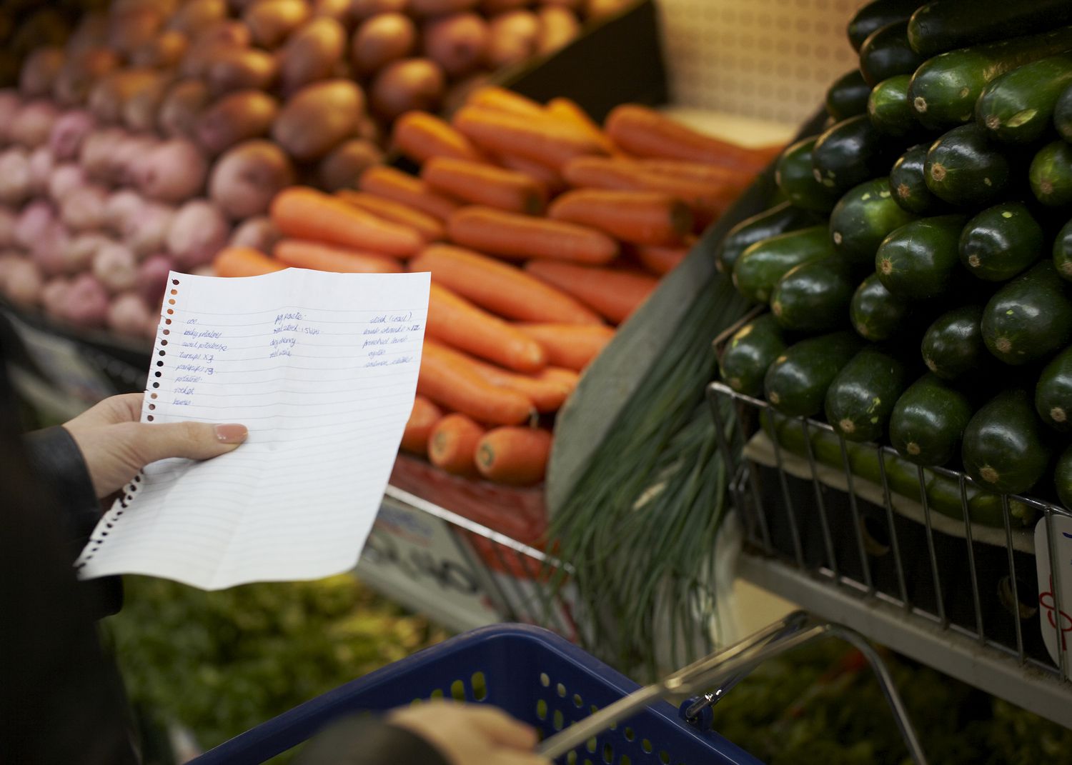 Hand holding shopping list in market