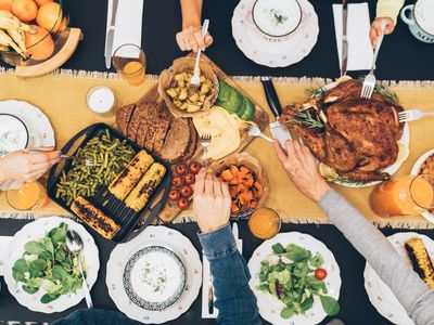 Overhead view of table during Christmas dinner